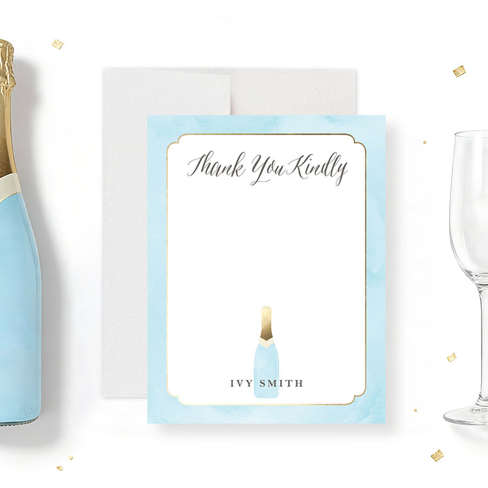 Personalized thank you card with Thank You Kindly script, custom name, pale blue watercolor border and small champagne bottle-front