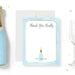 Personalized thank you card with Thank You Kindly script, custom name, pale blue watercolor border and small champagne bottle-front