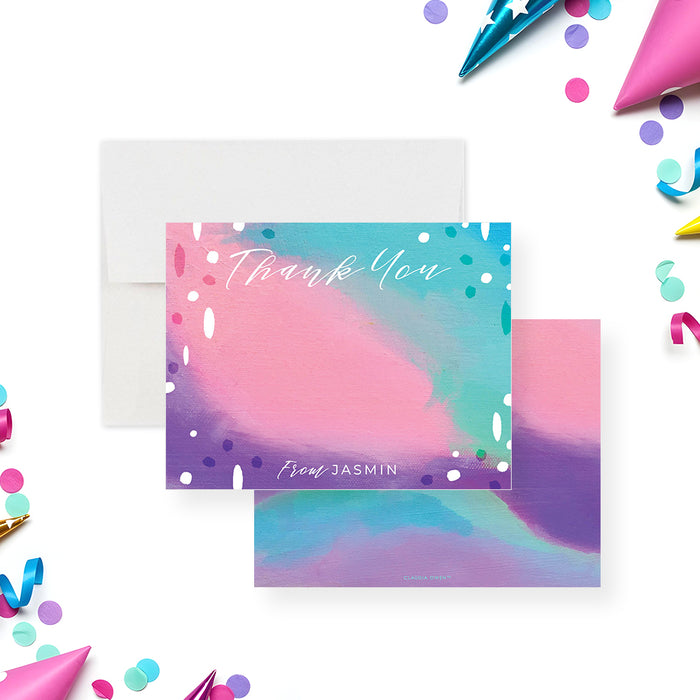Colorful abstract paint birthday thank you card with vibrant artistic design, personalized party stationery with bold colors-front-back