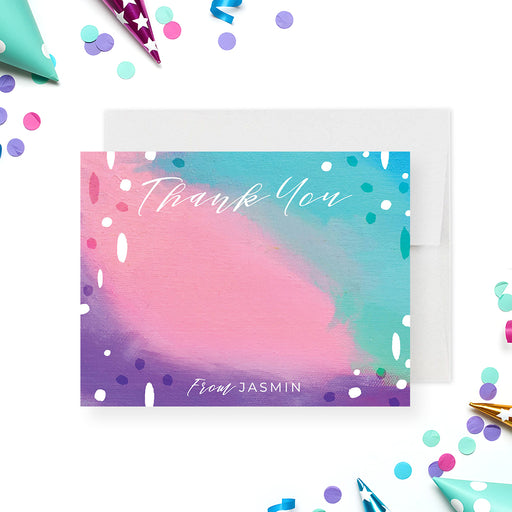 Colorful abstract paint birthday thank you card with vibrant artistic design, personalized party stationery with bold colors-front