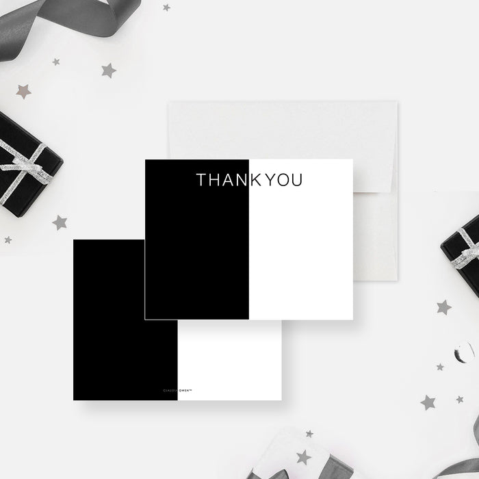 Personalized thank you card with a black and white theme for birthdays, galas, and business events.-front-back