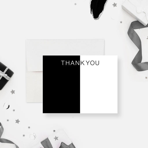 Personalized thank you card with a black and white theme for birthdays, galas, and business events.-front