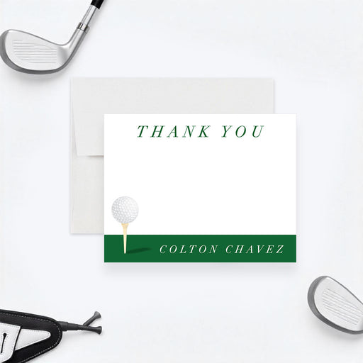 Personalized golf thank you card featuring a golf ball on a tee and golf club design, customizable with name, perfect as a gift or party favor.-front