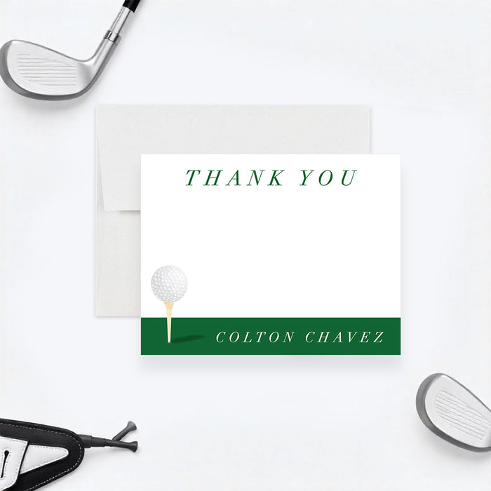 Personalized golf thank you card featuring a golf ball on a tee and golf club design, customizable with name, perfect as a gift or party favor.-front