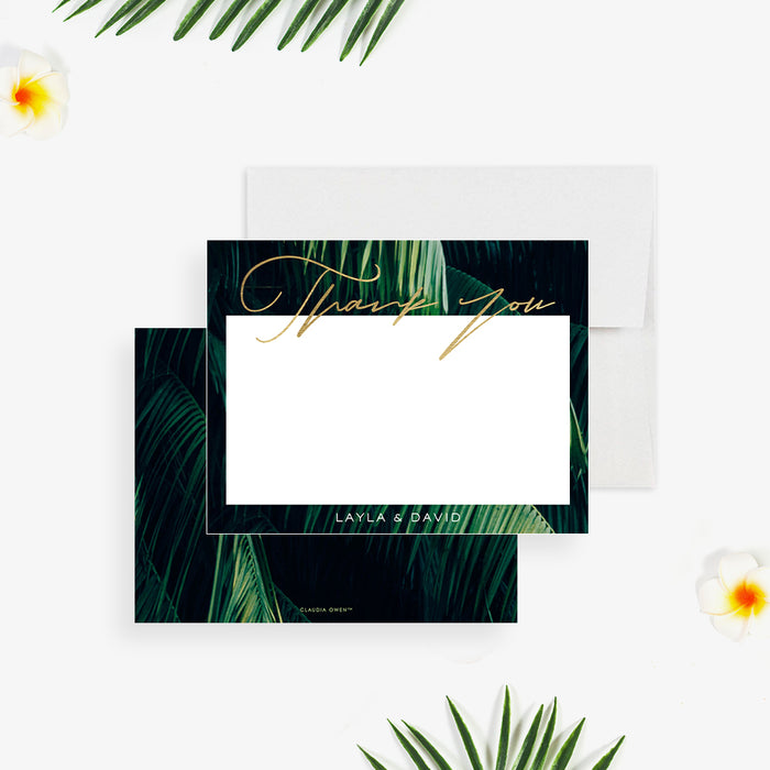 Personalized tropical wedding thank you card with palm-leaf greenery, custom botanical thank you note-front-back