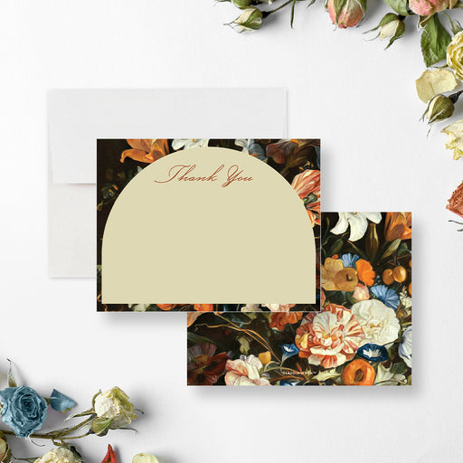 Personalized thank you card featuring vintage floral illustrations with a stylish arch frame, perfect for expressing heartfelt appreciation.-front-back