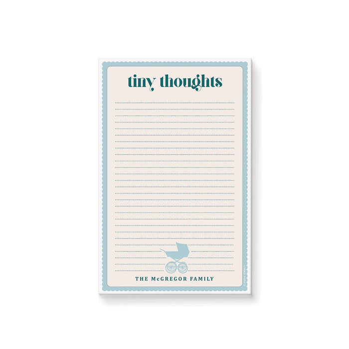 Personalized baby notepad with soft blue border, baby stroller illustration, lined pages, Tiny Thoughts heading, and family name