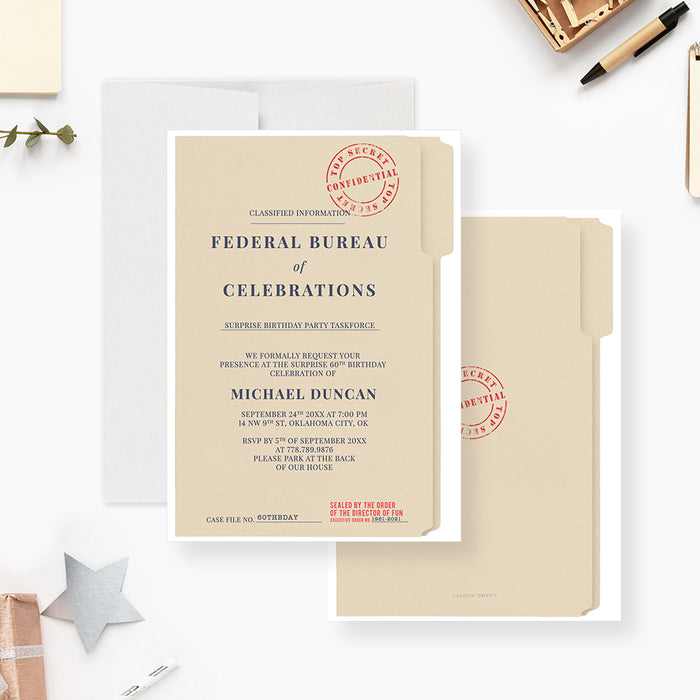 Top secret birthday invitation styled as a beige case file with navy lettering and a red confidential stamp-front-back