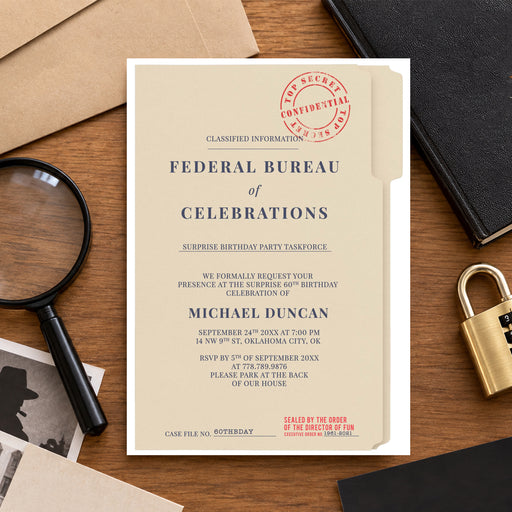 Top secret birthday invitation styled as a beige case file with navy lettering and a red confidential stamp-front