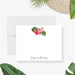 Personalized note card with a white front with pink hibiscus flowers, green leaves, and a name in script. Shown with a white envelope.