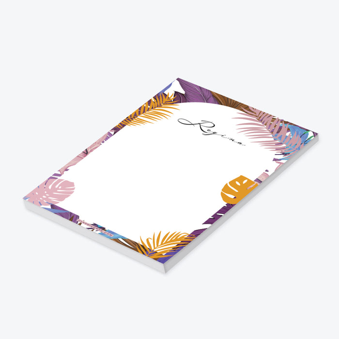 Personalized tropical notepad featuring a colorful palm and monstera illustrations-side