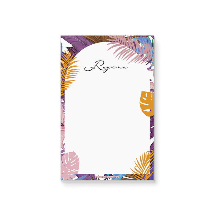 Personalized tropical notepad featuring a colorful palm and monstera illustrations-front