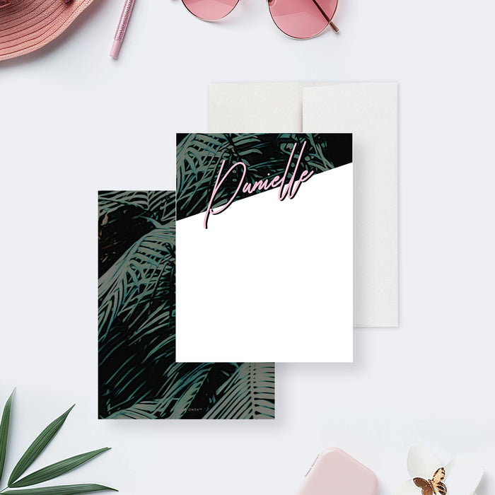 personalized tropical note card with dark palm leaf design and pink script name on a clean white writing area-front-back