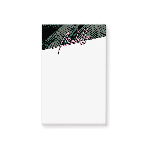 personalized tropical notepad with dark palm leaf border and pink script name on a white writing area