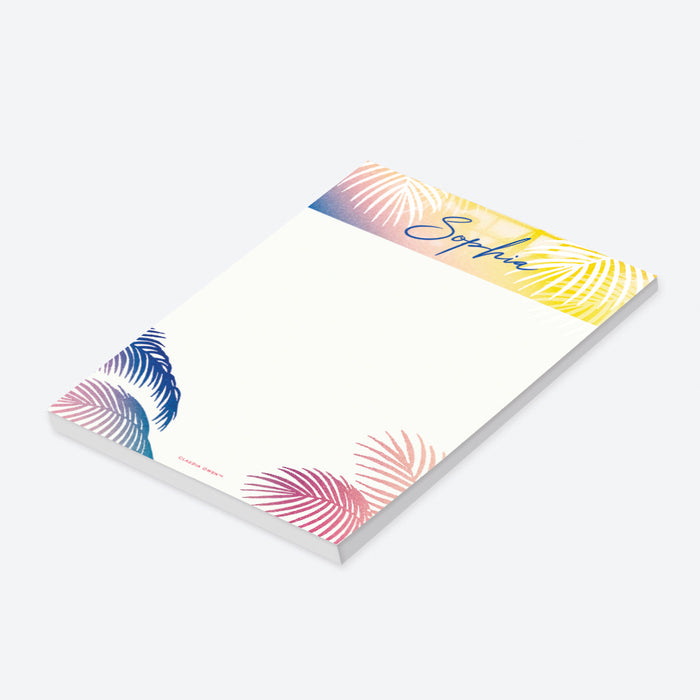 personalized tropical pool party notepad with colorful palm leaf accents and custom name-side