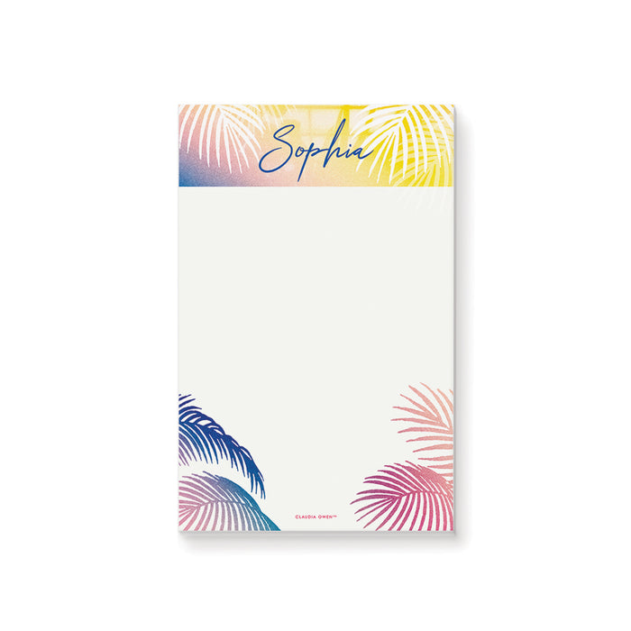 personalized tropical pool party notepad with colorful palm leaf accents and custom name
