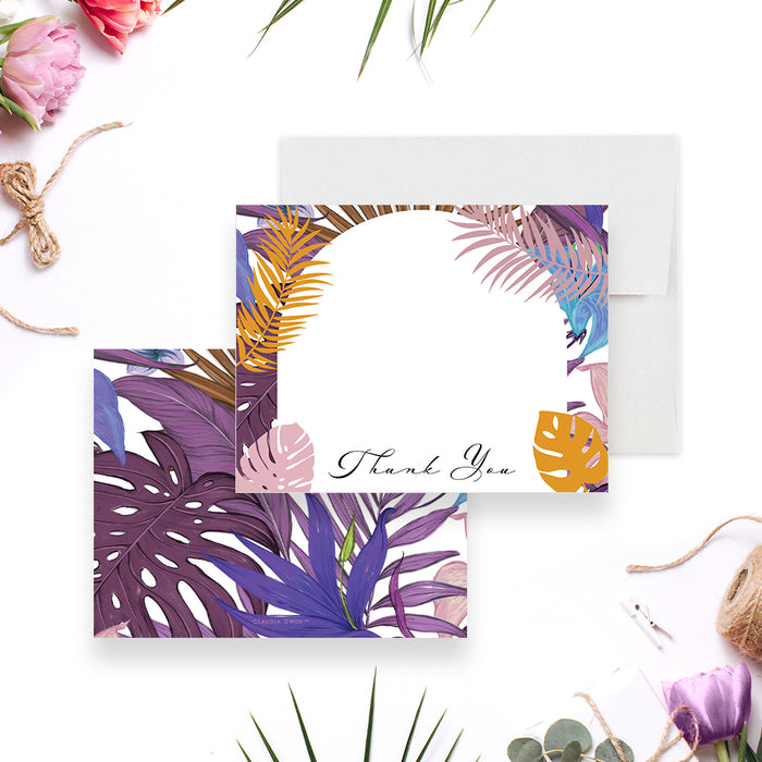 Personalized thank you card featuring vibrant tropical leaves illustration-front-back
