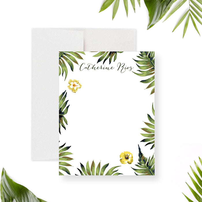 personalized tropical thank you card with custom name, green palm leaves, yellow hibiscus flowers, and white writing area-front