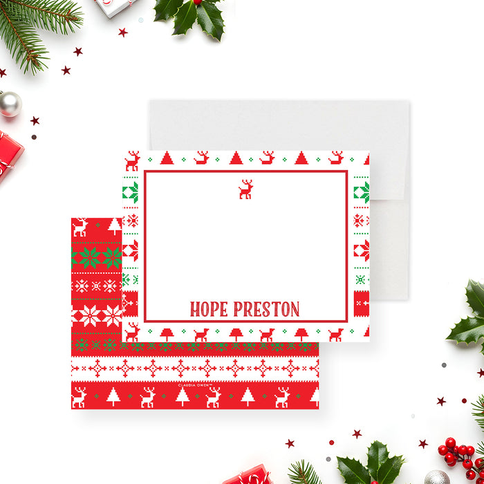 ugly sweater Christmas note card with red and green knit pattern, reindeer motif, and personalized name on holiday stationery-front-back