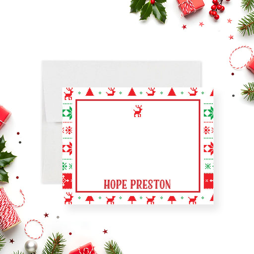 ugly sweater Christmas note card with red and green knit pattern, reindeer motif, and personalized name on holiday stationery-front