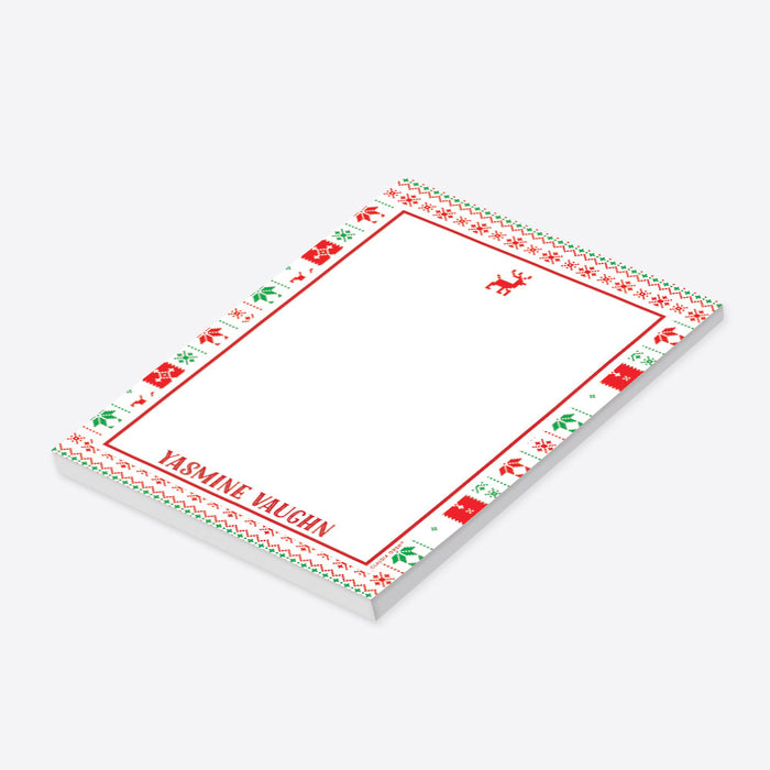 personalized Christmas notepad with red, green, and white ugly sweater pattern border, reindeer motif, and custom name-side