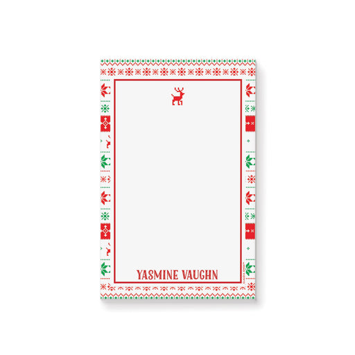 personalized Christmas notepad with red, green, and white ugly sweater pattern border, reindeer motif, and custom name