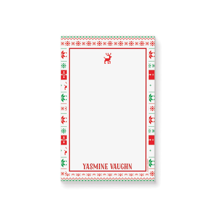 personalized Christmas notepad with red, green, and white ugly sweater pattern border, reindeer motif, and custom name