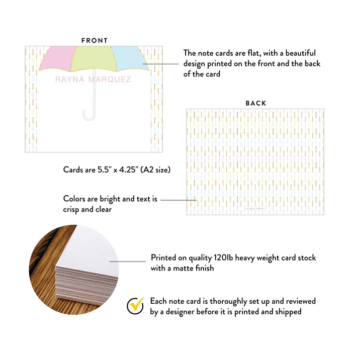 Product details for personalized umbrella baby shower thank you cards: front and back designs, A2 size, matte cardstock, and design proof.
