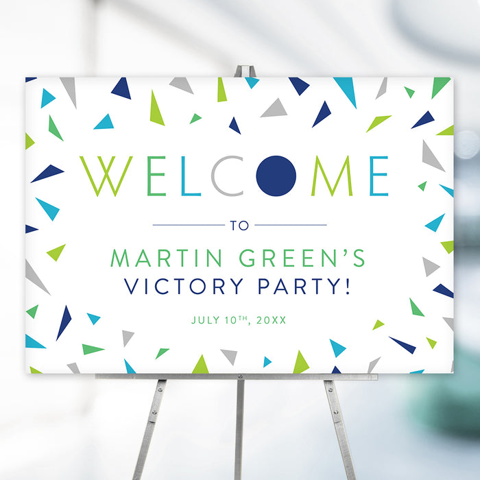 Personalized victory party welcome sign with colorful confetti