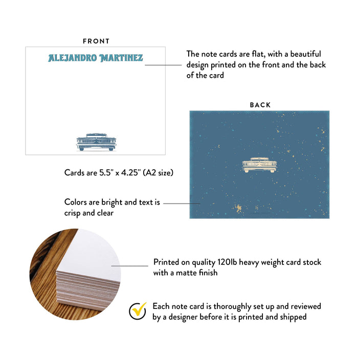 Specifications graphic showing the front and back of personalized vintage car note cards gift for car lovers, A2 size 5.5 × 4.25 inches and matte cardstock.