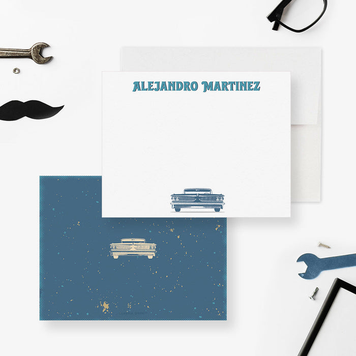 Front and back of personalized note cards with a blue vintage car illustration and a personalized name and a soft blue back with classic car illustrations.