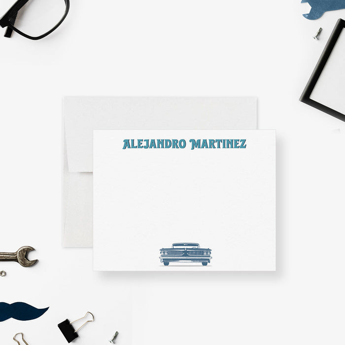 Personalized note card with a blue vintage car illustration and a personalized name, shown with a white envelope.