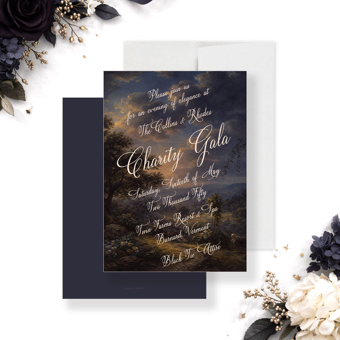 Personalized black tie charity gala invitation with vintage oil-painting-style landscape, custom organization name and event details-front-back