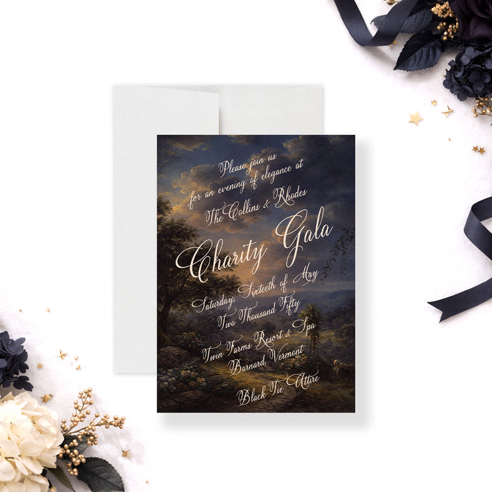 Personalized black tie charity gala invitation with vintage oil-painting-style landscape, custom organization name and event details-front