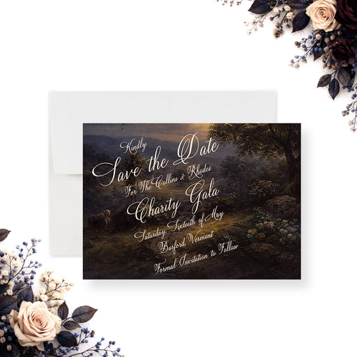 Personalized charity gala save the date card with vintage oil-painting-style woodland landscape, custom gala name, date and location-front