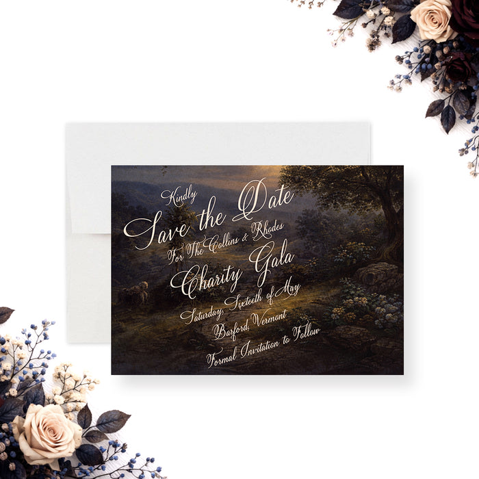 Personalized charity gala save the date card with vintage oil-painting-style woodland landscape, custom gala name, date and location-front