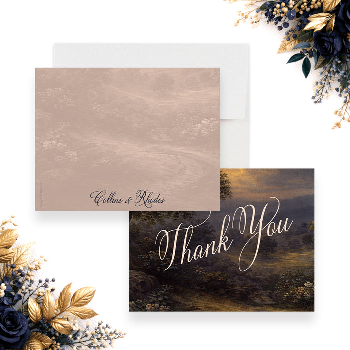 Front and back of personalized charity gala thank you card with vintage oil painting landscape, large Thank You script and custom organization name-front-back