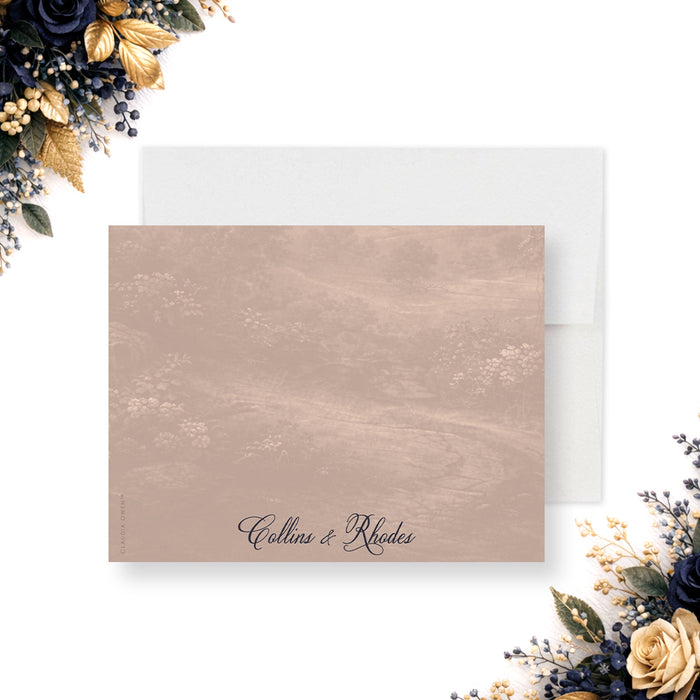 Front and back of personalized charity gala thank you card with vintage oil painting landscape, large Thank You script and custom organization name-front