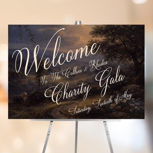 Personalized charity gala welcome sign with vintage oil painting landscape, custom organization name, gala title and event date