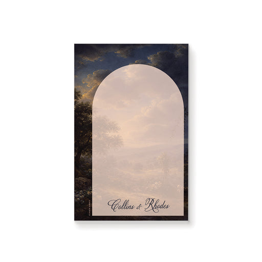 Personalized blank notepad with vintage oil-painting-style landscape, pale arched writing area and custom company or organization name-front