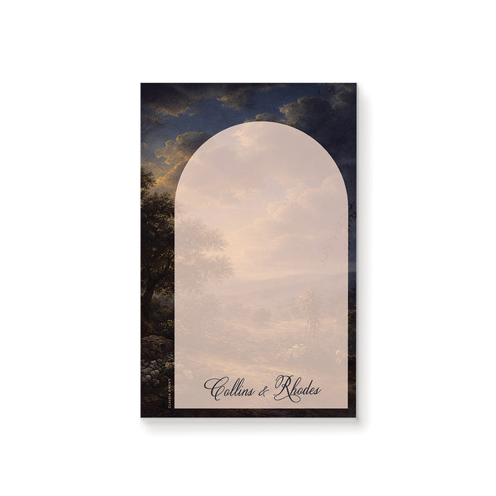 Personalized blank notepad with vintage oil-painting-style landscape, pale arched writing area and custom company or organization name-front