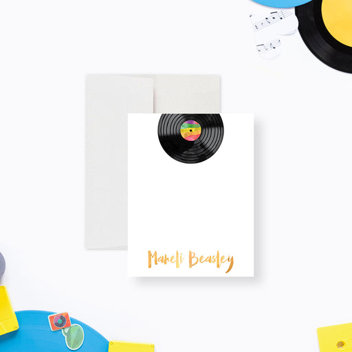 personalized vinyl record note card with retro music illustration and custom name-front