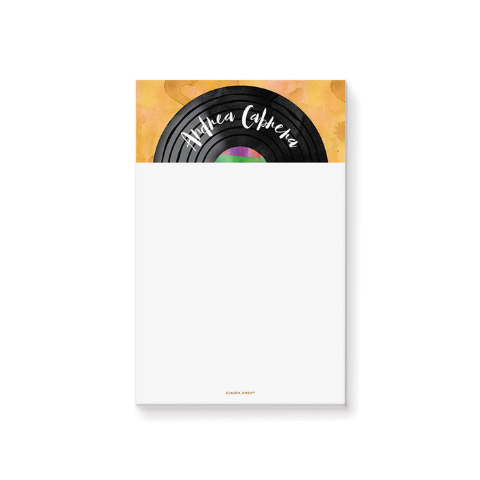 personalized vinyl record notepad with retro music design and custom name