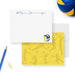Personalized volleyball note card featuring a custom script name, blue and yellow volleyball, plus a matching yellow player silhouette design on the back