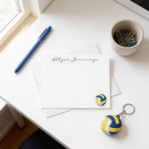 Personalized volleyball note card featuring a custom script name, blue and yellow volleyball