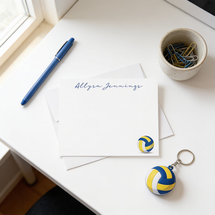 Personalized volleyball note card featuring a custom script name, blue and yellow volleyball