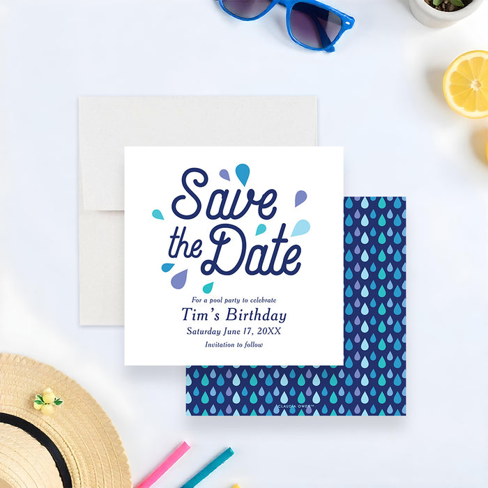 Personalized Splish Splash pool party birthday save the date card with blue water drop pattern, custom child’s name, party date and invitation to follow wording-front-back