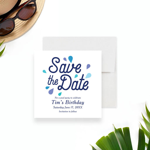 Personalized Splish Splash pool party birthday save the date card with blue water drop pattern, custom child’s name, party date and invitation to follow wording-front