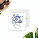 Personalized Splish Splash pool party birthday save the date card with blue water drop pattern, custom child’s name, party date and invitation to follow wording-front