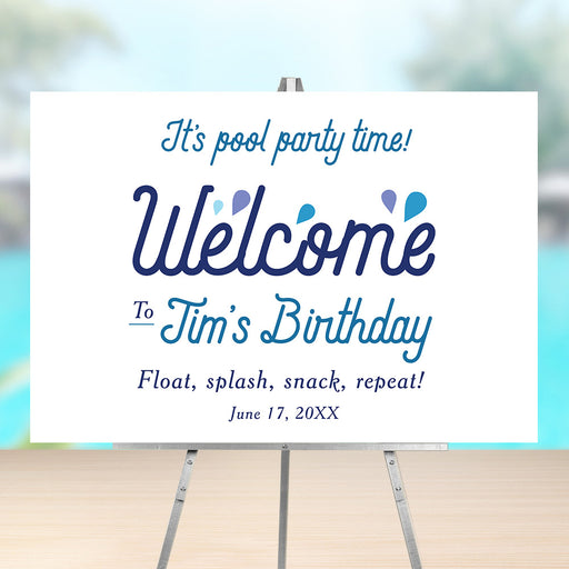 Personalized water drop pool party birthday welcome sign for kids with custom name, party date and playful blue and aqua accents